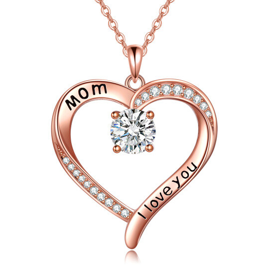 Sterling Silver With Rose Gold Plated Moissanite Heart Pendant Necklace With Engraved Word For Women