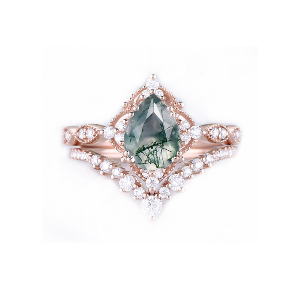 14K Rose Gold Moissanite & Moss Agate Engagement Ring-1