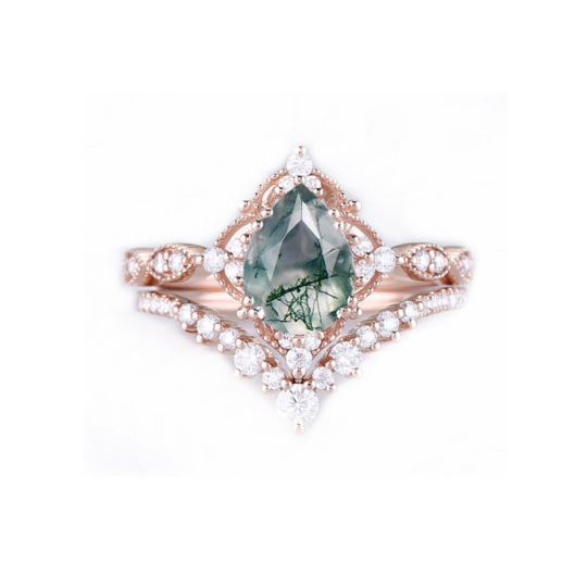 10K Rose Gold Moissanite & Moss Agate Engagement Ring-1