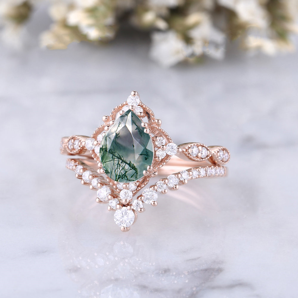 Sterling Silver with Rose Gold Plated Moissanite & Moss Agate Engagement Ring-3