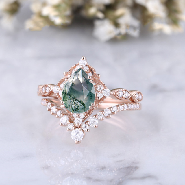 14K Rose Gold Moissanite & Moss Agate Engagement Ring-3