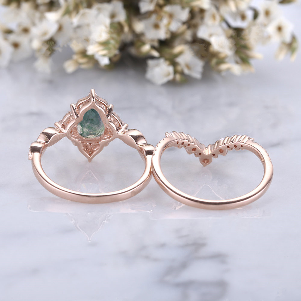 14K Rose Gold Moissanite & Moss Agate Engagement Ring-4