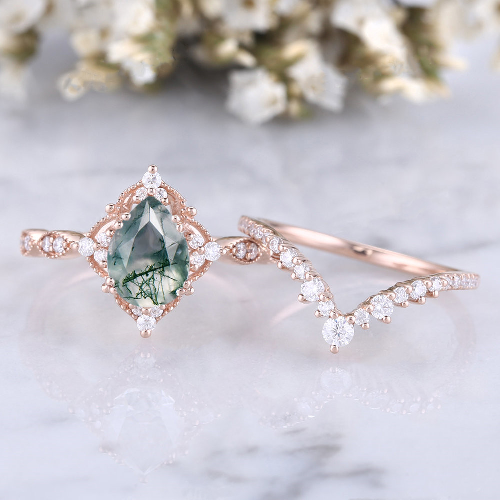 10K Rose Gold Moissanite & Moss Agate Engagement Ring-5