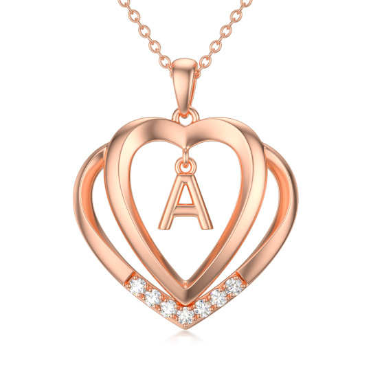 Sterling Silver with Rose Gold Plated Moissanite Personalized Initial Letter & Heart With Heart Pendant Necklace