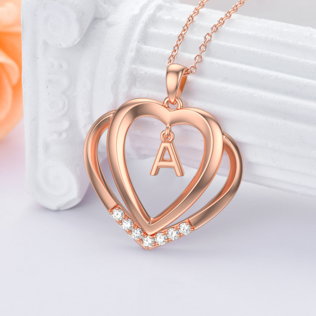 Sterling Silver with Rose Gold Plated Moissanite Personalized Initial Letter & Heart With Heart Pendant Necklace-3