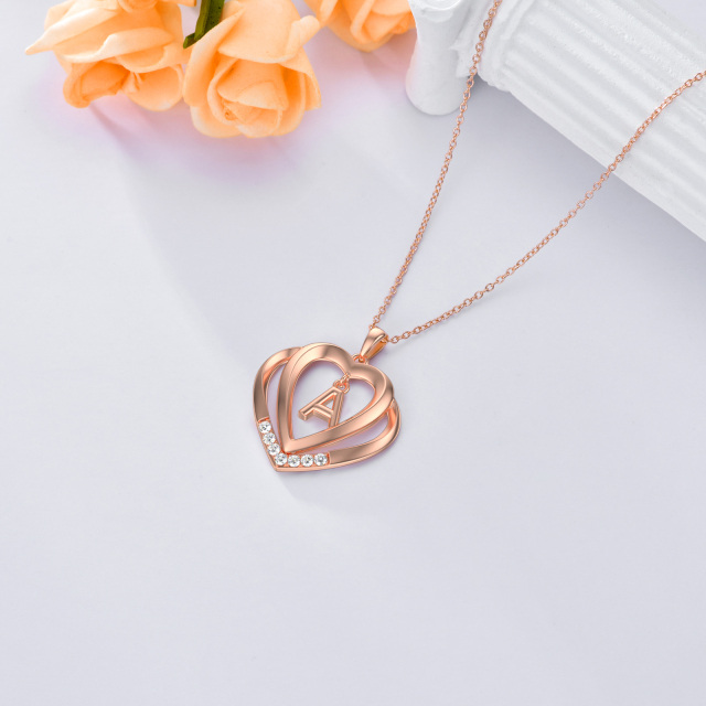 Sterling Silver with Rose Gold Plated Moissanite Personalized Initial Letter & Heart With Heart Pendant Necklace-4