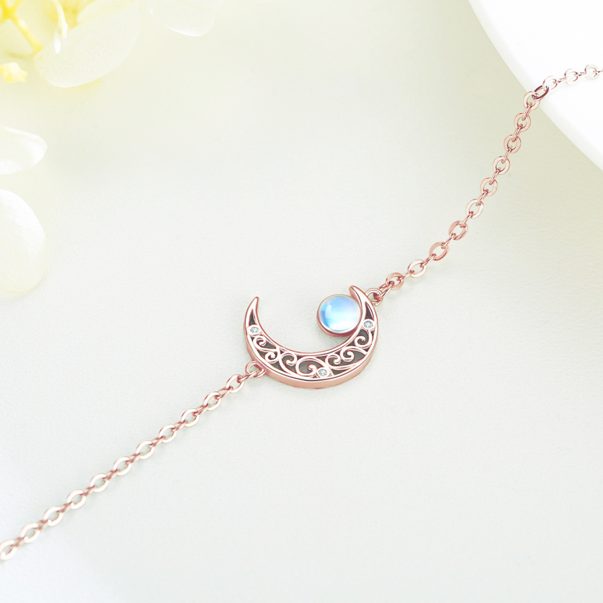 Sterling Silver with Rose Gold Plated Moonstone Celtic Moon Pendant Bracelet for Women-4