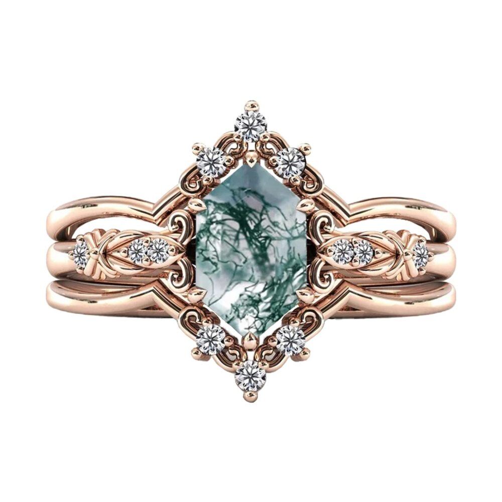 Sterling Silver with Rose Gold Plated Moss Agate Airplane & Oval Shaped Engagement Ring-1