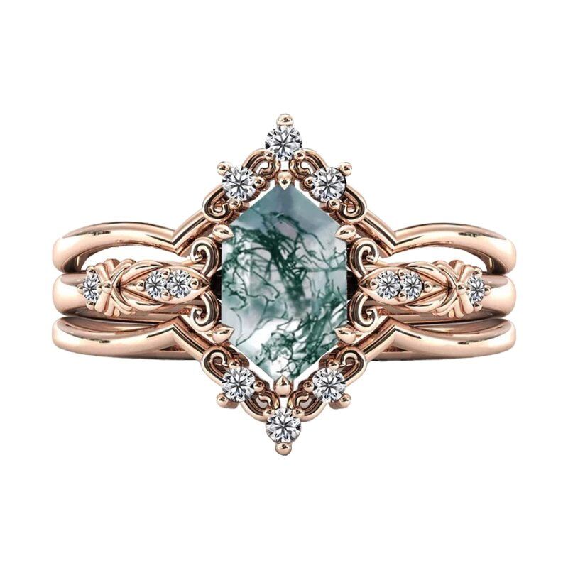 Sterling Silver with Rose Gold Plated Moss Agate Airplane & Oval Shaped Engagement Ring-8