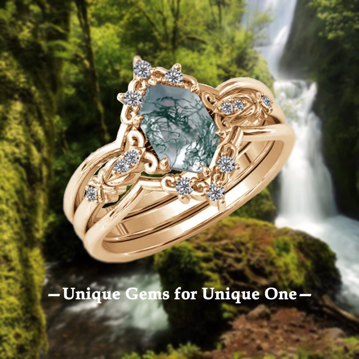 Sterling Silver with Rose Gold Plated Moss Agate Airplane & Oval Shaped Engagement Ring-3