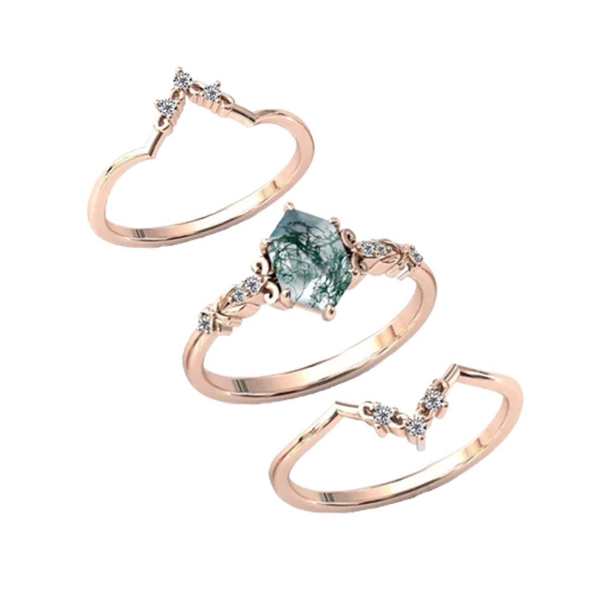 Sterling Silver with Rose Gold Plated Moss Agate Airplane & Oval Shaped Engagement Ring-4