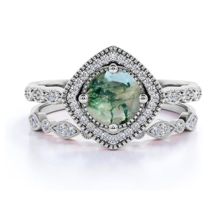 Sterling Silver with Rose Gold Plated Moss Agate Circle Engagement Ring-15