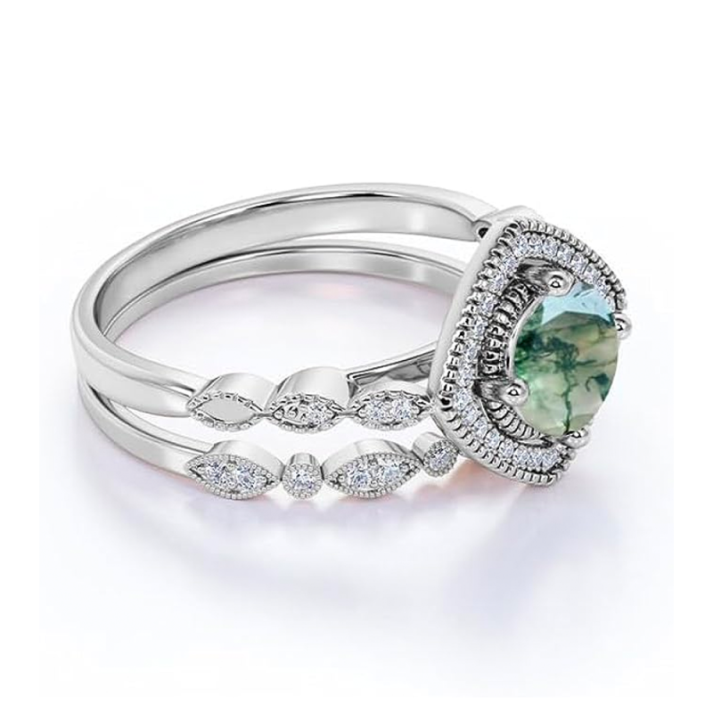 Anillo de compromiso de ágata musgosa de corte redondo en oro de 18 quilates-2
