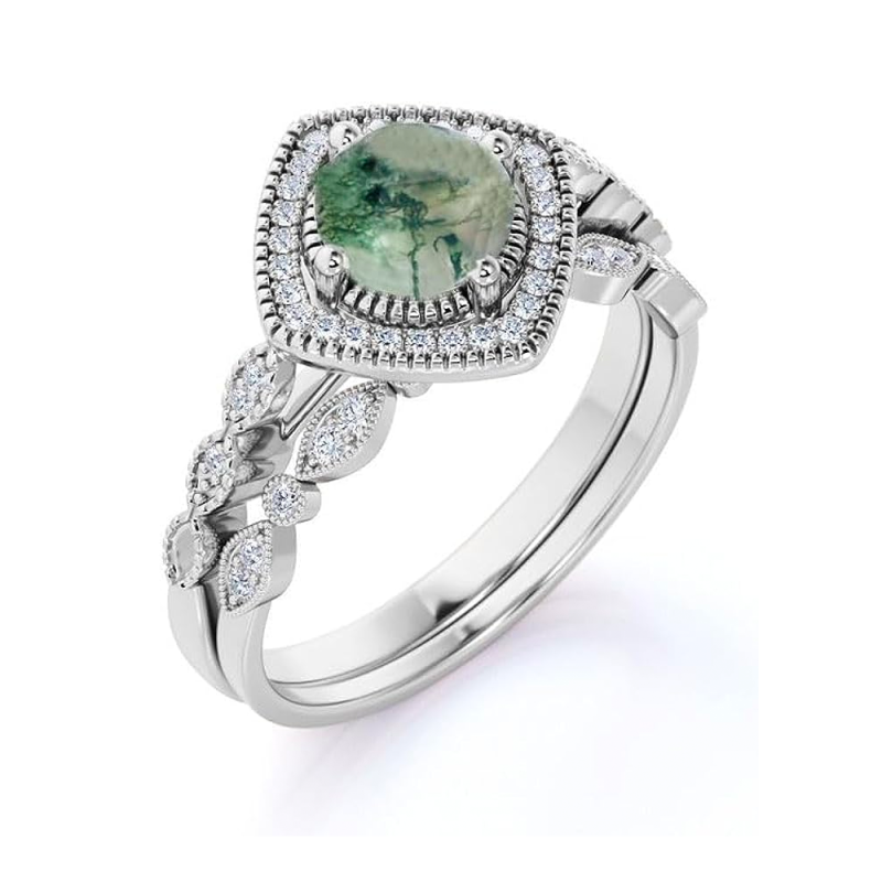 Anillo de compromiso de ágata musgosa de corte redondo en oro de 18 quilates-3