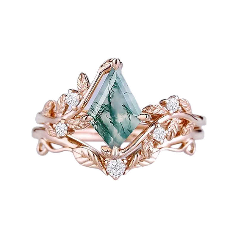 Sterling Silver with Rose Gold Plated Moss Agate Leaves Engagement Ring-14