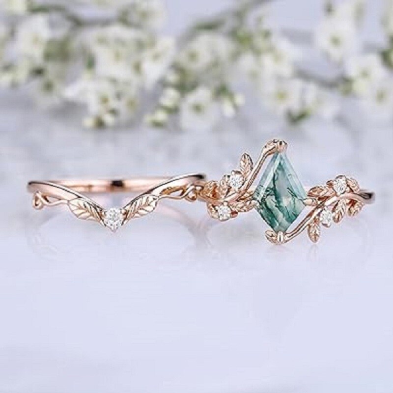 Pierścionek zaręczynowy ze srebra z pozłacanymi liśćmi agatu mszystego-4