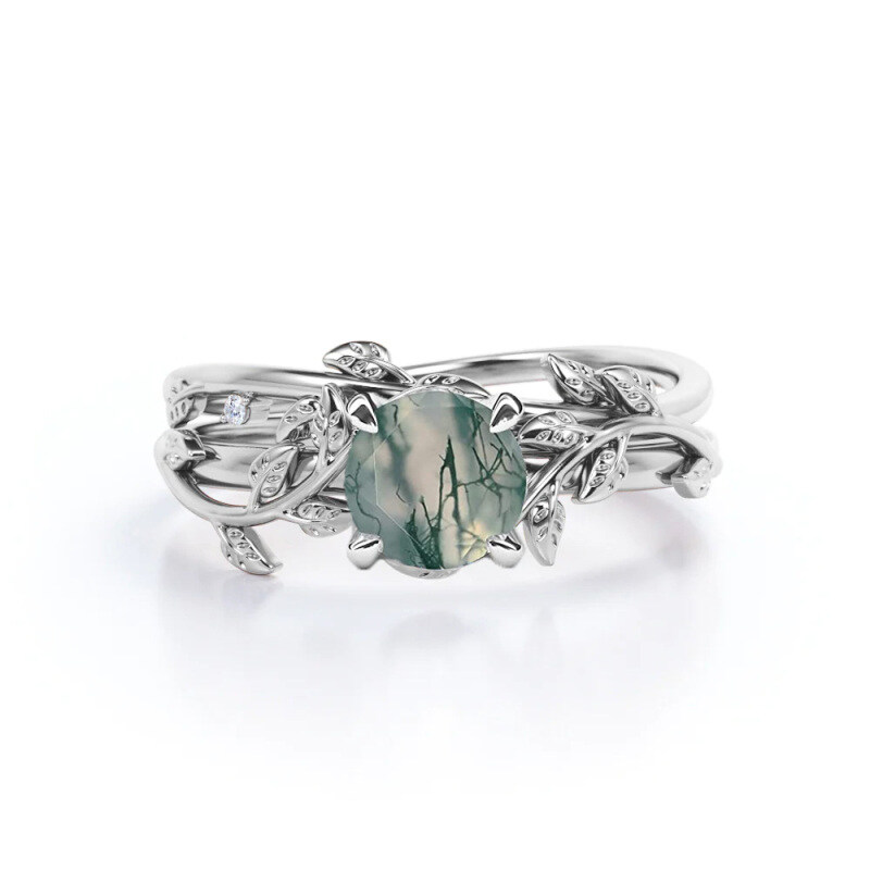 14K White Gold Round Cut Moss Agate Ring-1