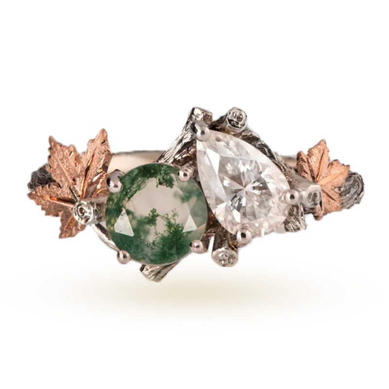 Sterling Silver with Rose Gold Plated Moss Agate Maple Leaf Engagement Ring-20