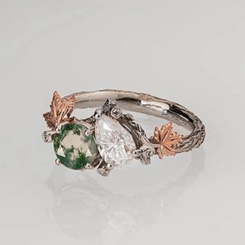 Sterling Silver with Rose Gold Plated Moss Agate Maple Leaf Engagement Ring-3