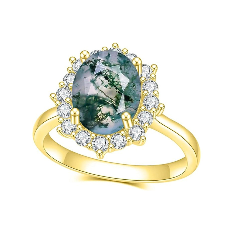 Sterling Silver with Rose Gold Plated Moss Agate Oval Shaped Engagement Ring-11