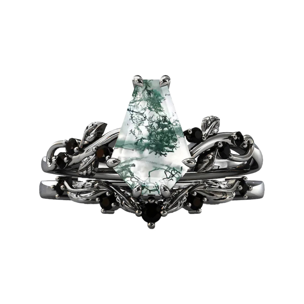 Bague de mariage en argent sterling avec agate mousse plaquée or rose et gravure personnalisée pour couple-1