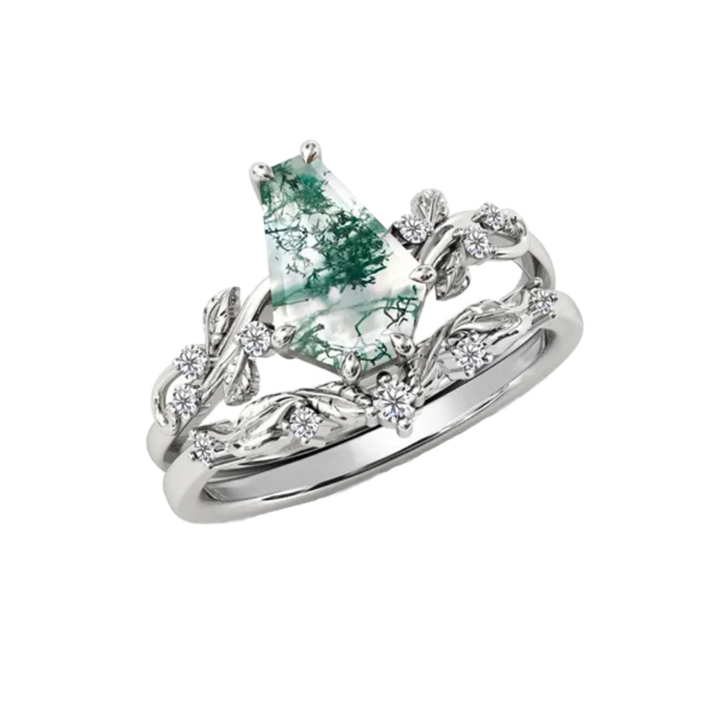 Bague de mariage en argent sterling avec agate mousse plaquée or rose et gravure personnalisée pour couple-2