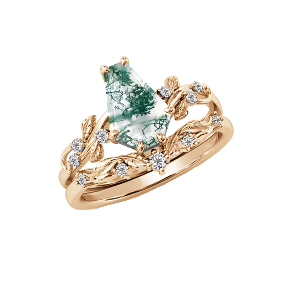 Bague de mariage en argent sterling avec agate mousse plaquée or rose et gravure personnalisée pour couple-3