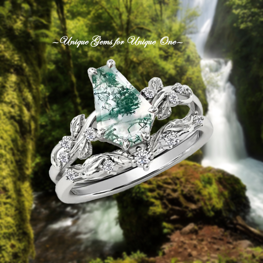 Bague de mariage en argent sterling avec agate mousse plaquée or rose et gravure personnalisée pour couple-5