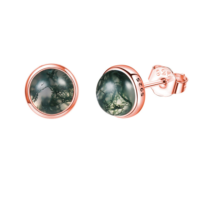 Sterling Silver with Rose Gold Plated Moss Agate Round Stud Earrings-1