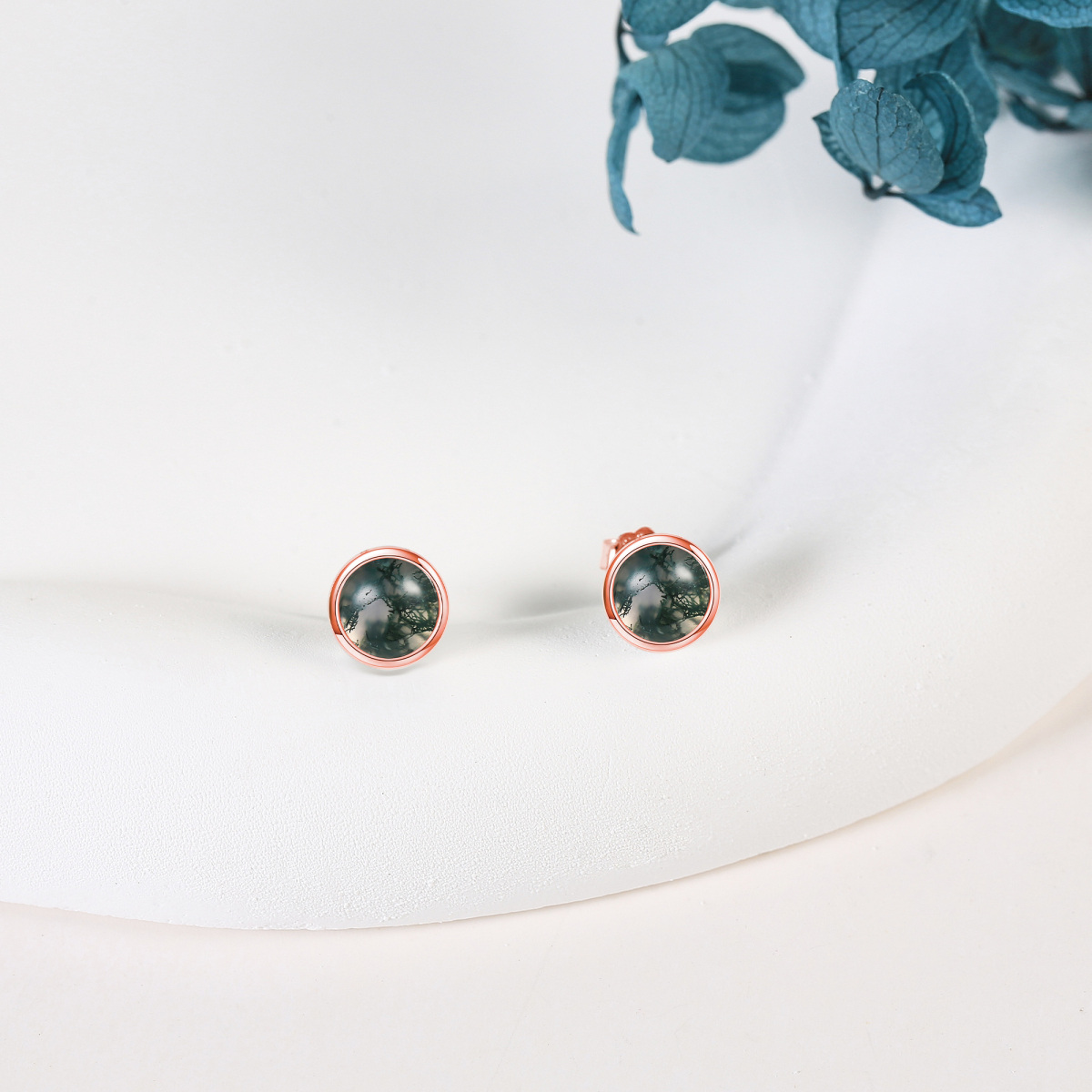 Sterling Silver with Rose Gold Plated Moss Agate Round Stud Earrings-3