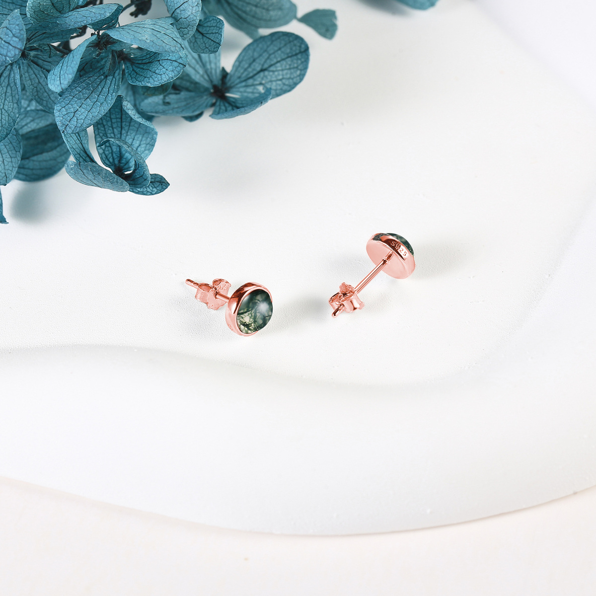 Sterling Silver with Rose Gold Plated Moss Agate Round Stud Earrings-4