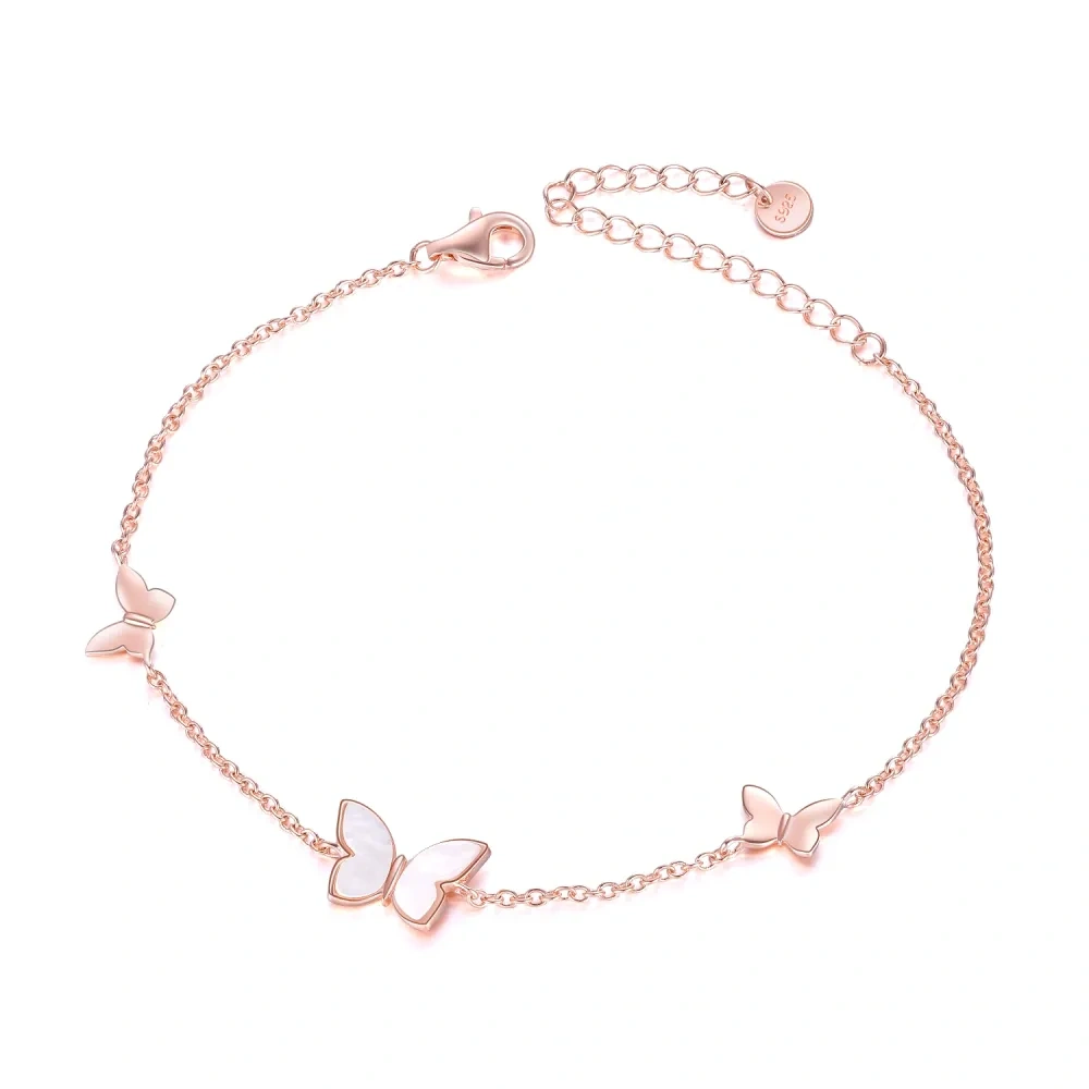Sterling Silver with Rose Gold Plated Mother Of Pearl Butterfly Charm Bracelet-1