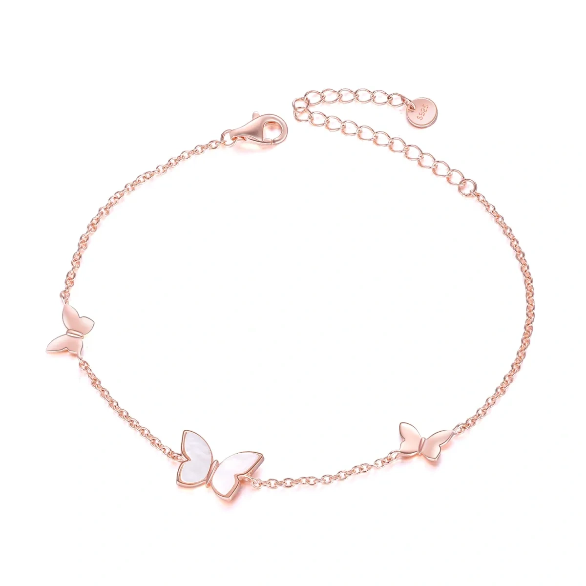 Sterling Silver with Rose Gold Plated Mother Of Pearl Butterfly Pendant Bracelet-1