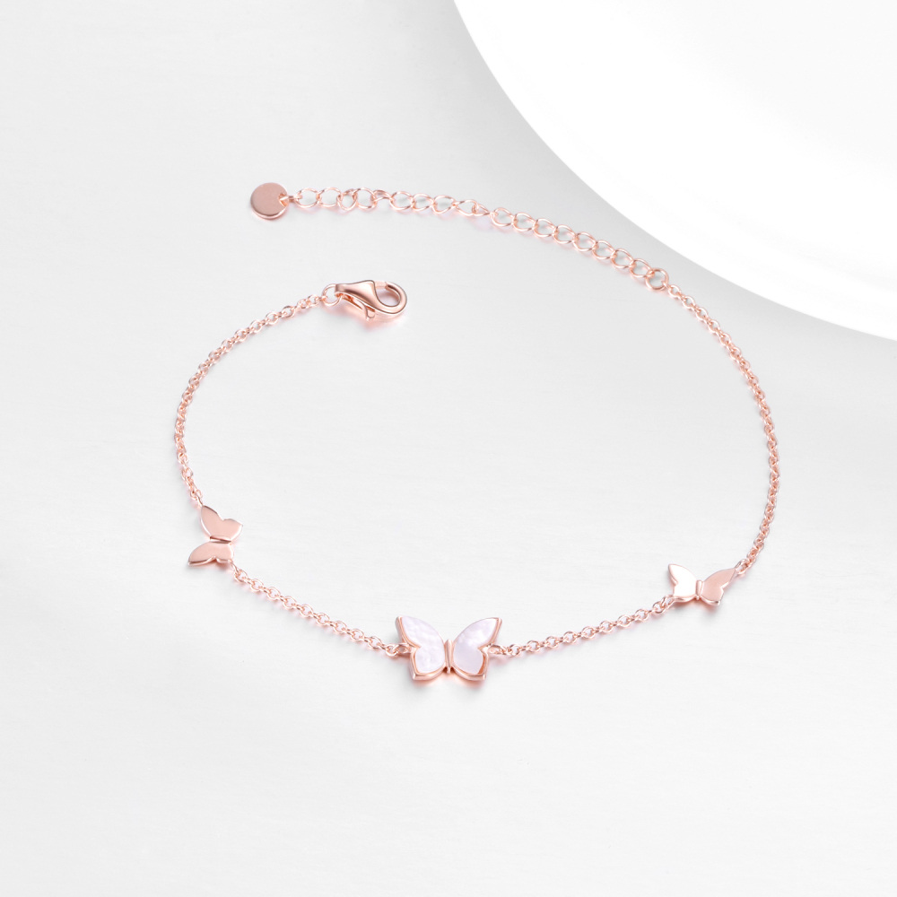 Sterling Silver with Rose Gold Plated Mother Of Pearl Butterfly Charm Bracelet-3