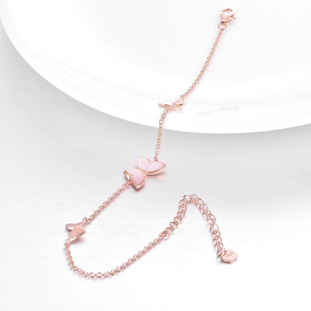 Sterling Silver with Rose Gold Plated Mother Of Pearl Butterfly Charm Bracelet-4