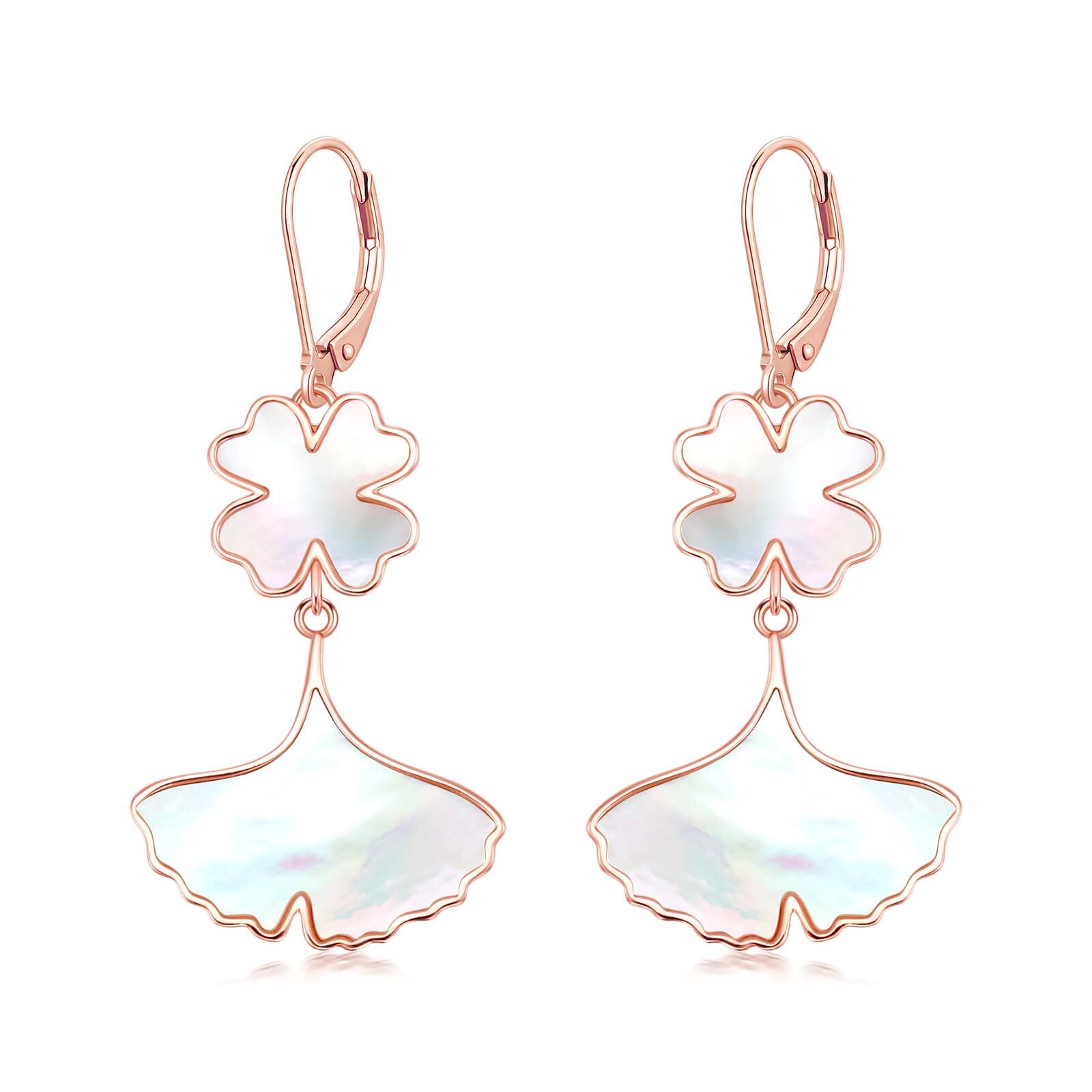 Sterling Silver with Rose Gold Plated Mother Of Pearl Four Leaf Clover Lever-back Earrings-1