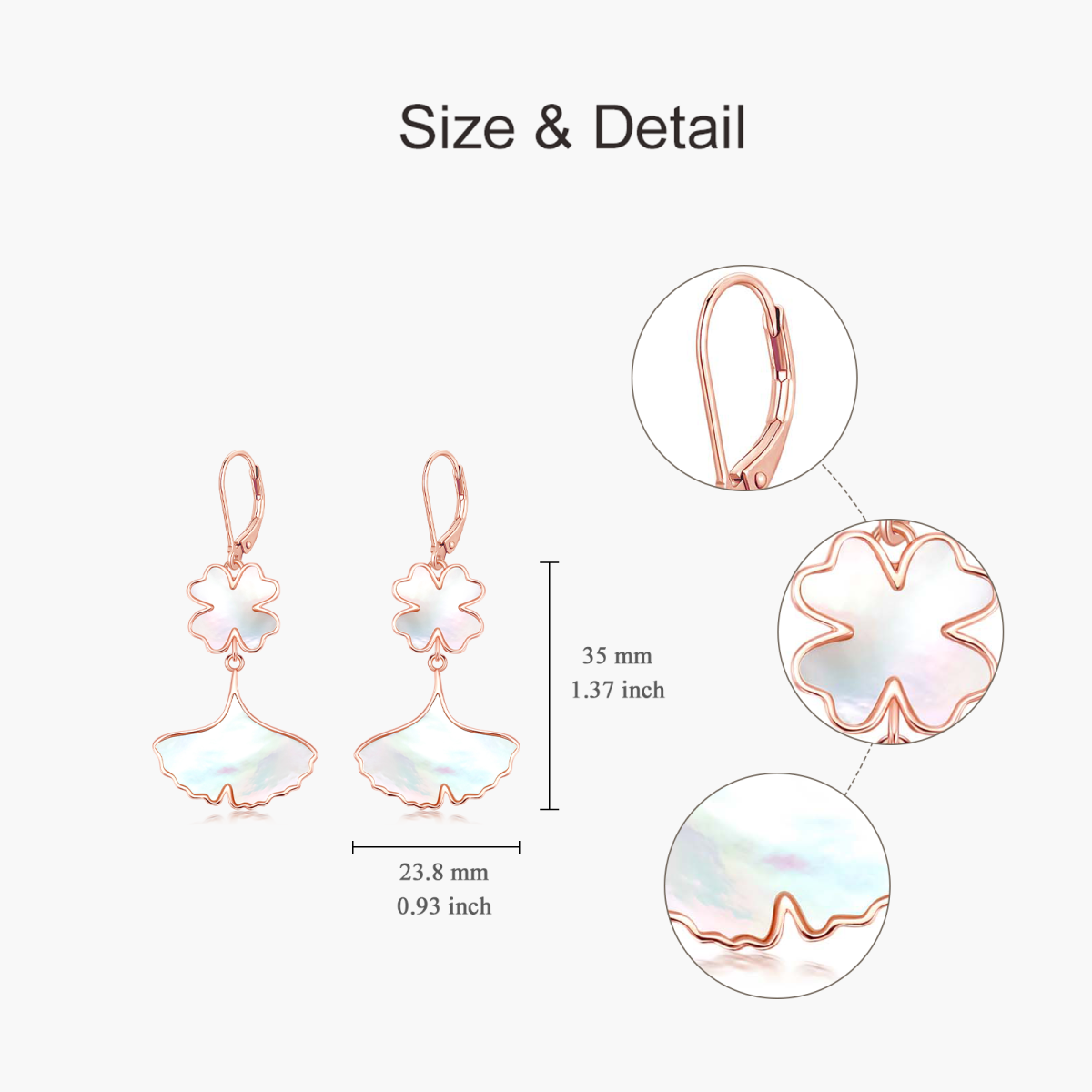 Sterling Silver with Rose Gold Plated Mother Of Pearl Four Leaf Clover Lever-back Earrings-6