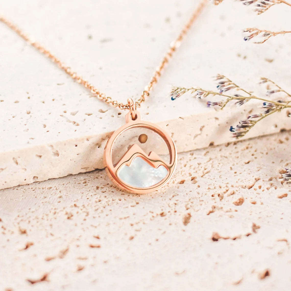 Sterling Silver with Rose Gold Plated Mother Of Pearl Mountains & Mustard Seeds Pendant Necklace-1