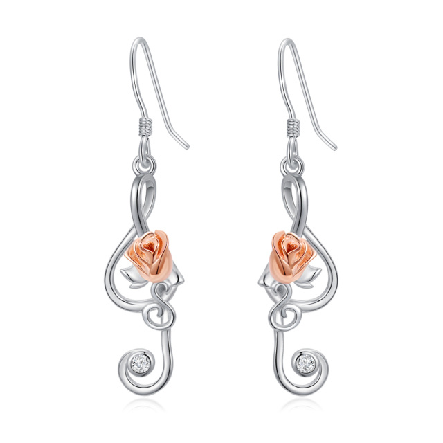 Sterling Silver with Rose Gold Plated Rose & Music Symbol Drop Earrings-1