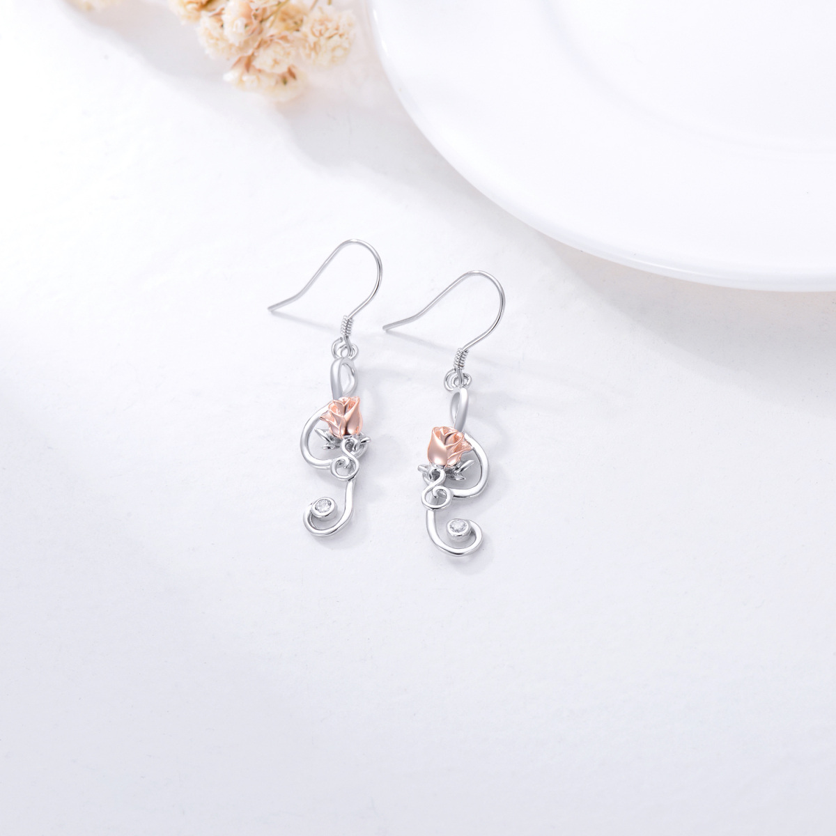 Sterling Silver with Rose Gold Plated Rose & Music Symbol Drop Earrings-2