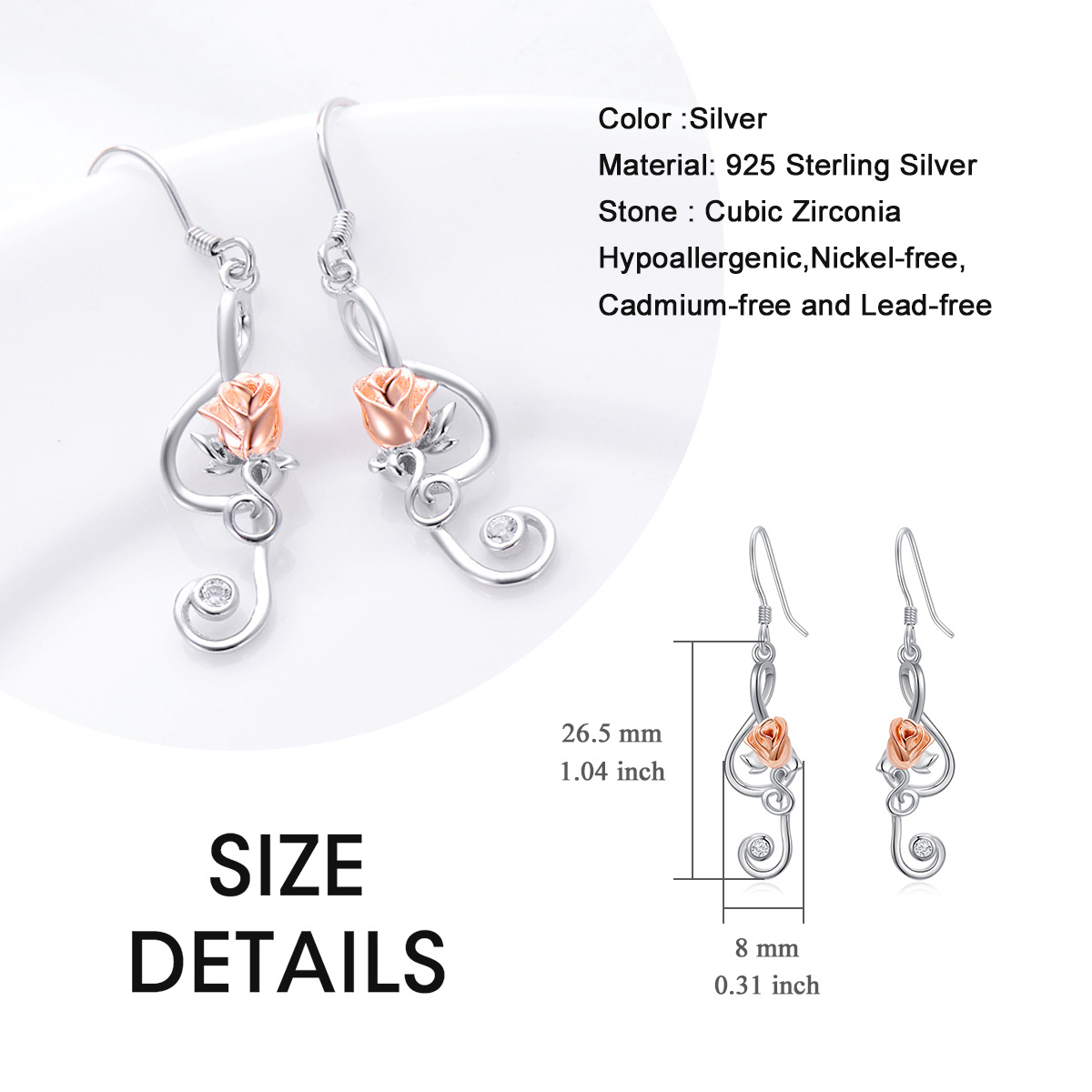 Sterling Silver with Rose Gold Plated Rose & Music Symbol Drop Earrings-3