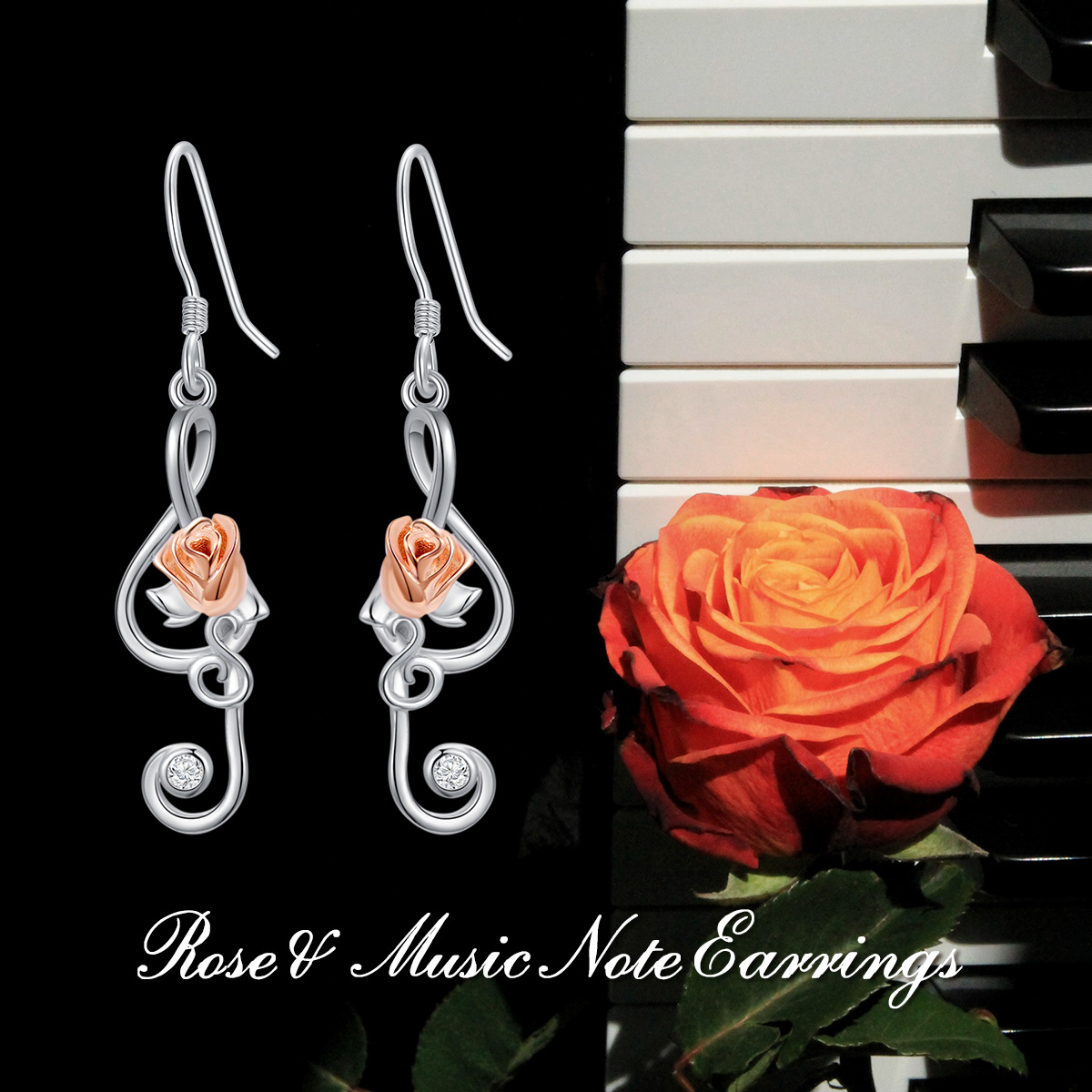 Sterling Silver with Rose Gold Plated Rose & Music Symbol Drop Earrings-4