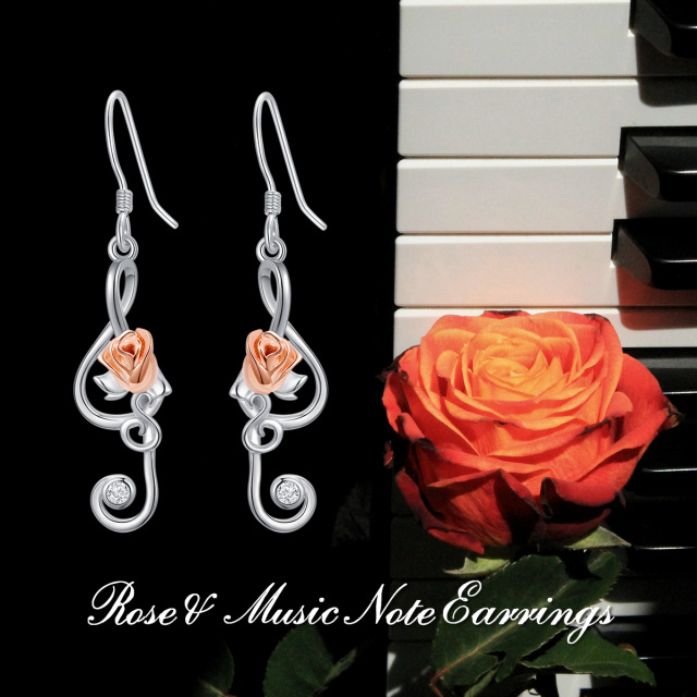 Sterling Silber mit Rose vergoldet Rose & Musik Symbol Tropfen Ohrringe-4