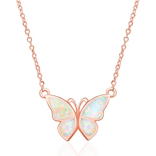 Sterling Silver with Rose Gold Plated Opal Butterfly Pendant Necklace-1