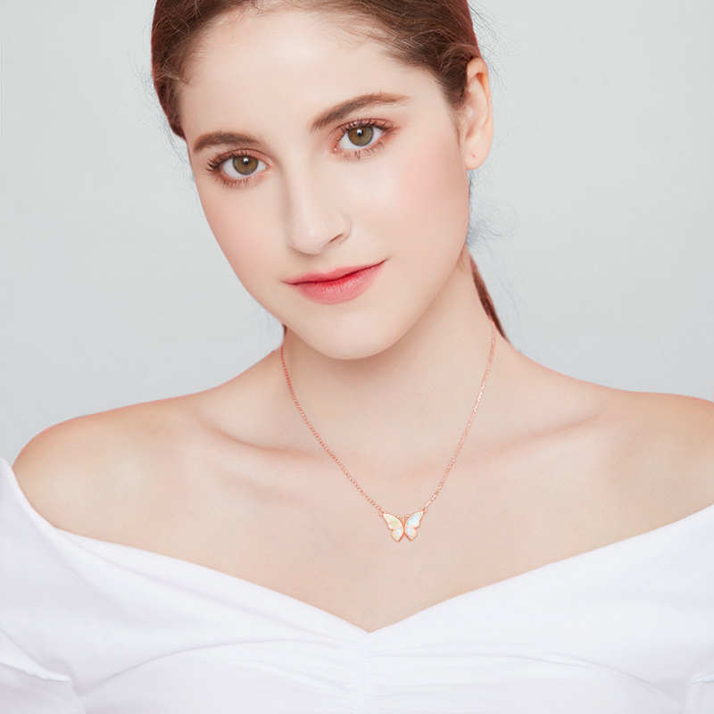 Sterling Silver with Rose Gold Plated Opal Butterfly Pendant Necklace-2