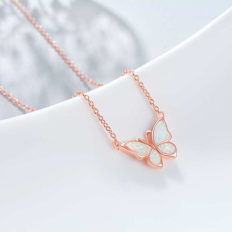 Sterling Silver with Rose Gold Plated Opal Butterfly Pendant Necklace-3