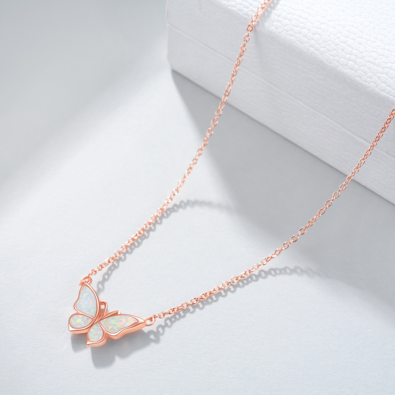 Sterling Silver with Rose Gold Plated Opal Butterfly Pendant Necklace-4