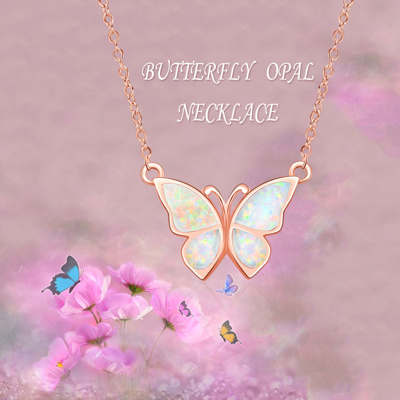Sterling Silver with Rose Gold Plated Opal Butterfly Pendant Necklace-5