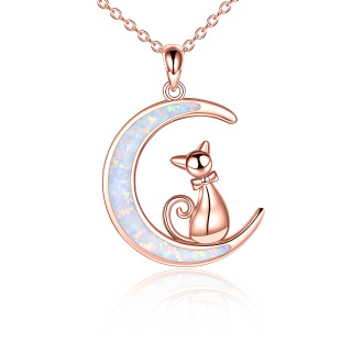 Sterling Silver with Rose Gold Plated Opal Cat Pendant Necklace-57