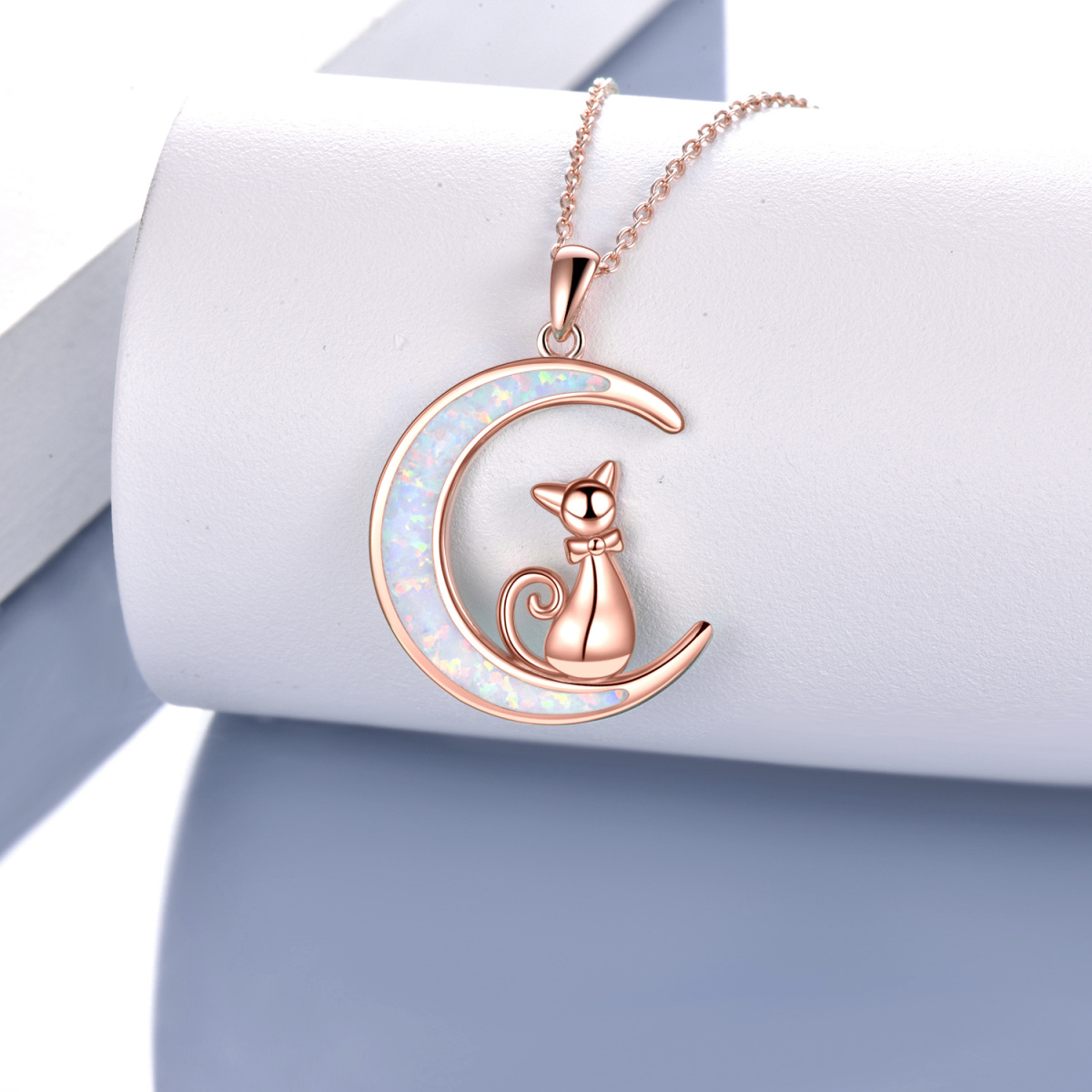 Sterling Silver with Rose Gold Plated Opal Cat Pendant Necklace-3